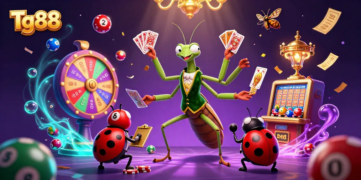 Tg88 casino scene with vibrant cartoon mantis and ladybug characters engaging in games and celebrations
