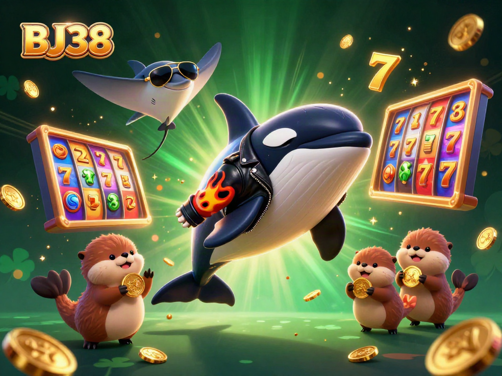 Engage with BJ38 through an exciting 3D scene with an orca and sea otters celebrating casino wins.