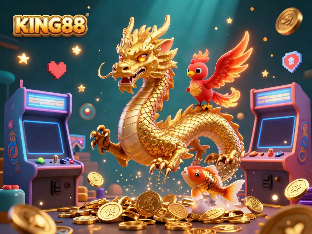 Unleash the excitement of KING88 with a vibrant dragon, phoenix, and koi fish amidst golden coins and retro games.