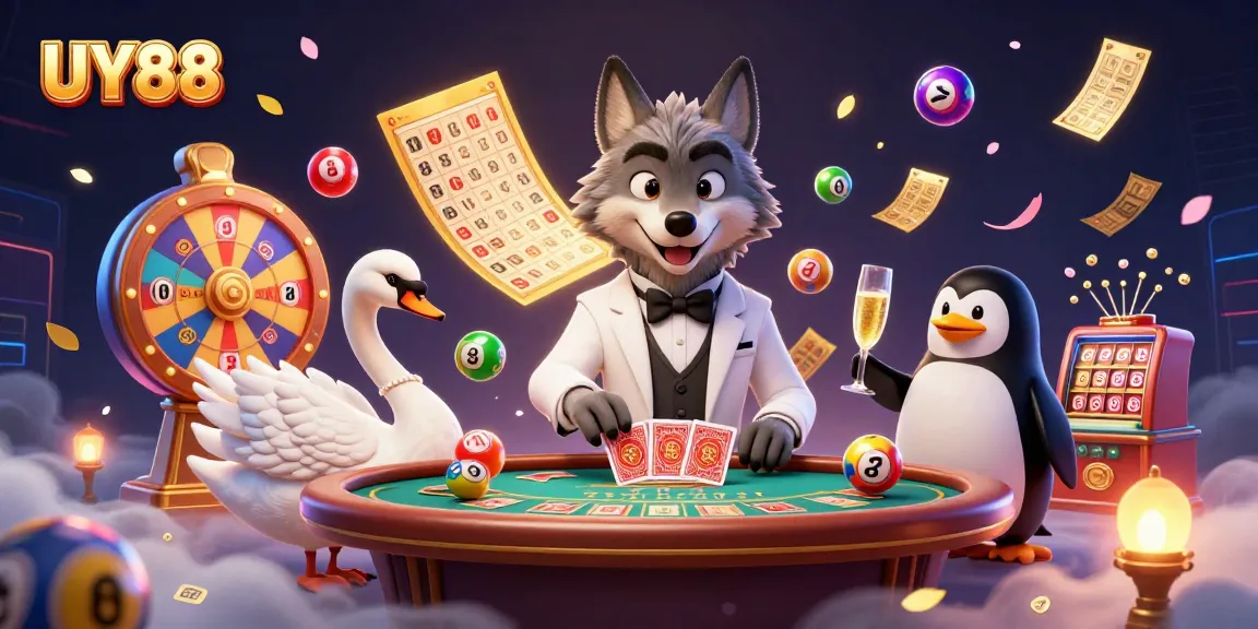 Experience exciting gameplay with UY88 as a wolf, swan, and penguin create a lively casino atmosphere.