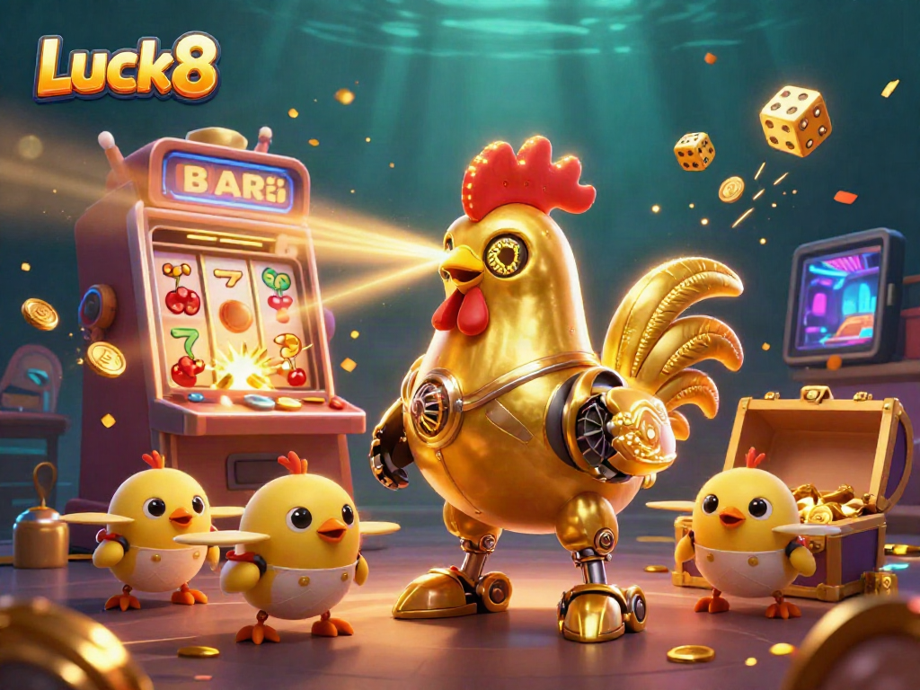 Experience thrilling wins at Luck8 Casino featuring vibrant games, golden rooster robot, and jackpot coins.