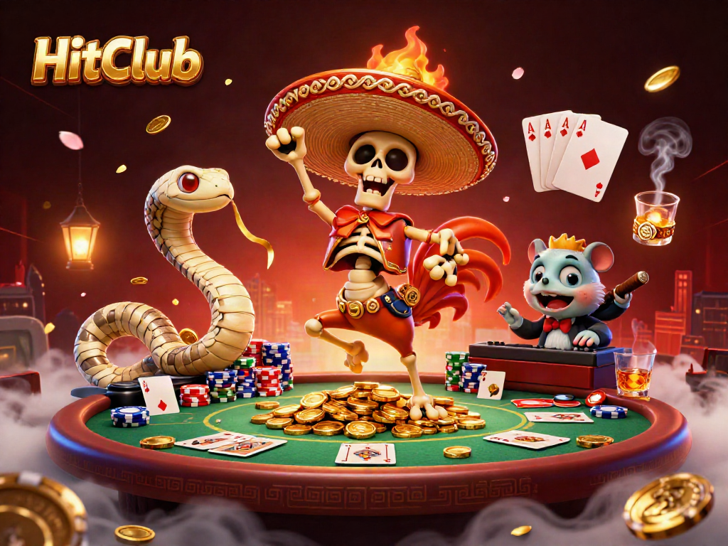 HitClub features a vibrant 3D scene with a mariachi rooster celebrating on coins while gaming elements surround.