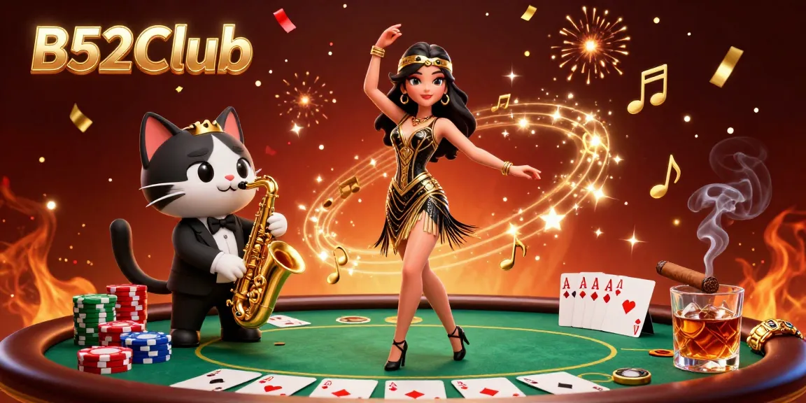 B52Club brings excitement with vibrant online casino gaming, showcasing poker, chips, and celebration elements.