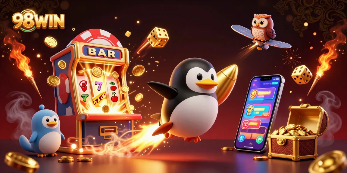 Experience the excitement of 98WIN with a dynamic casino theme featuring a golden penguin and explosive jackpots.