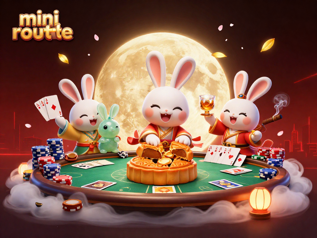 Experience the excitement of mini roulette with a whimsical moon rabbit scene revealing poker chips.