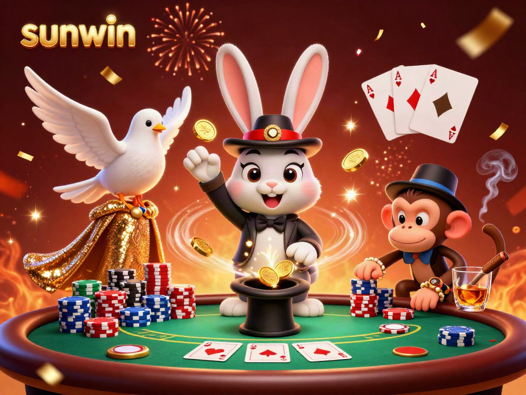 Experience the magic of Sunwin with a dazzling casino scene featuring charming characters and vibrant elements.