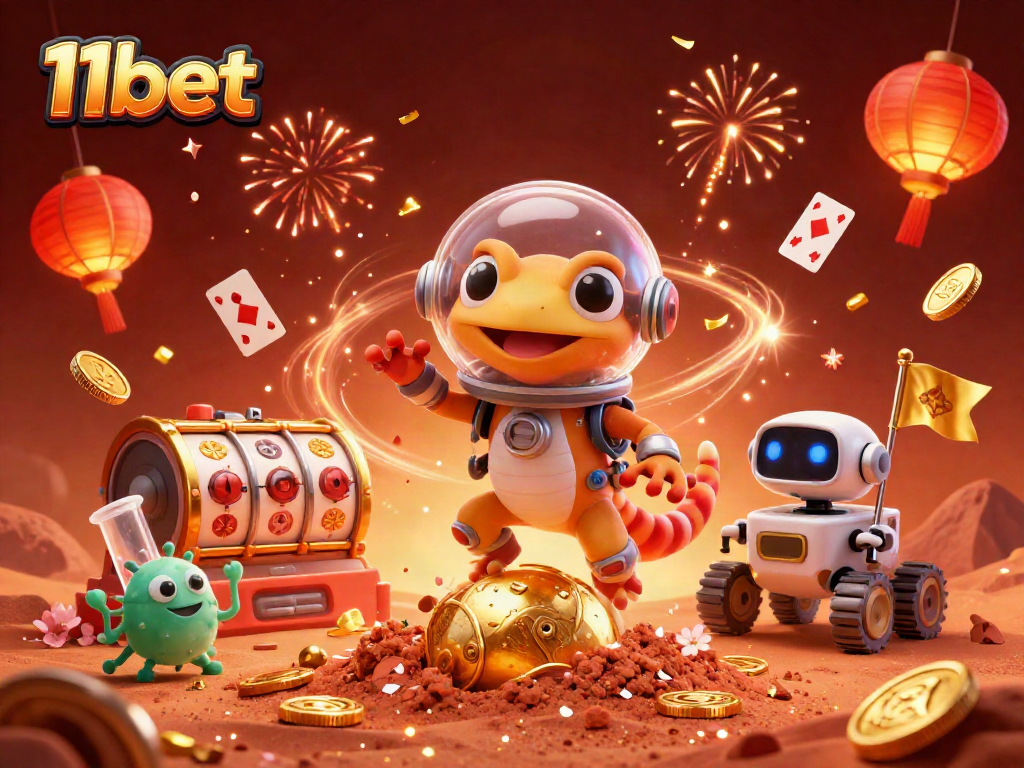 Win big at 11bet with this dynamic illustration of a Martian gecko discovering a golden casino.