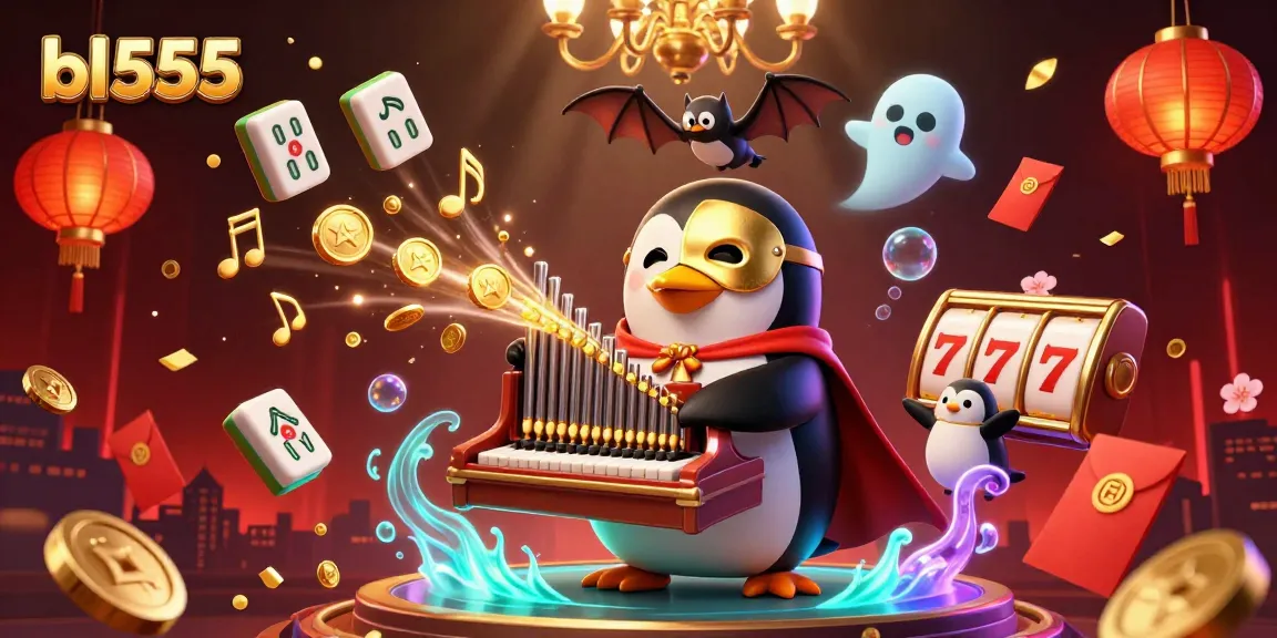 Immerse in the bl555 gaming world with a vibrant 3D scene showing a phantom opera penguin and exciting casino themes.