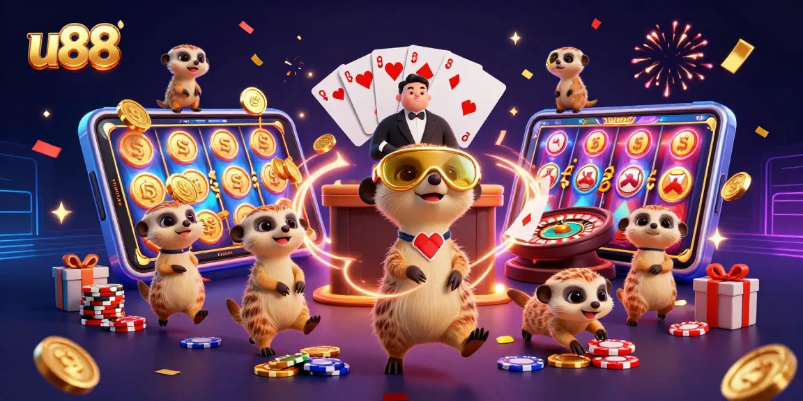 u88 meerkats managing an exciting casino scene filled with games and prizes