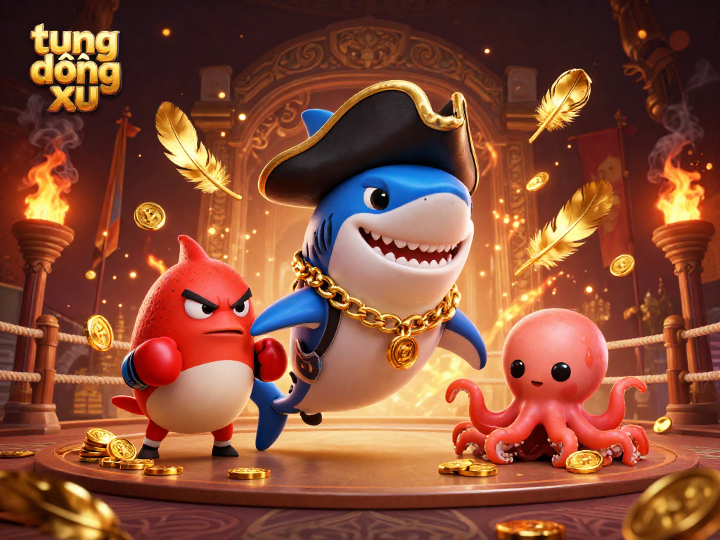 Experience the thrilling game of tung đồng xu with vibrant characters, gold coins, and dynamic gambling elements.