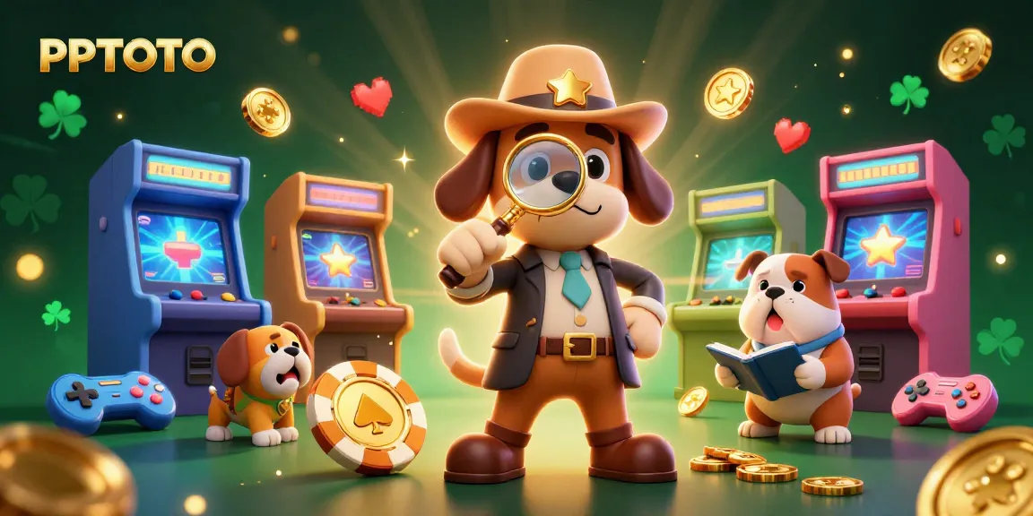 PPTOTO mengajak pemain dalam perburuan harta karun yang menampilkan detektif dan elemen arcade dalam ilustrasi bertema kasino.