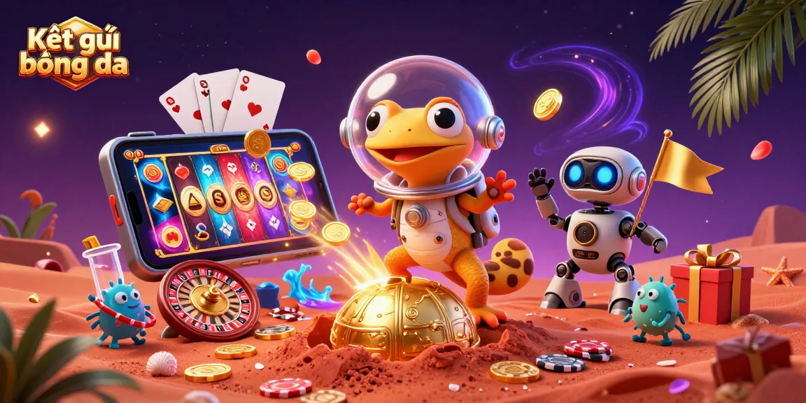 Kết quả bóng đá reveals an exciting cartoon scene of a Martian gecko discovering a golden casino with vibrant game elements.