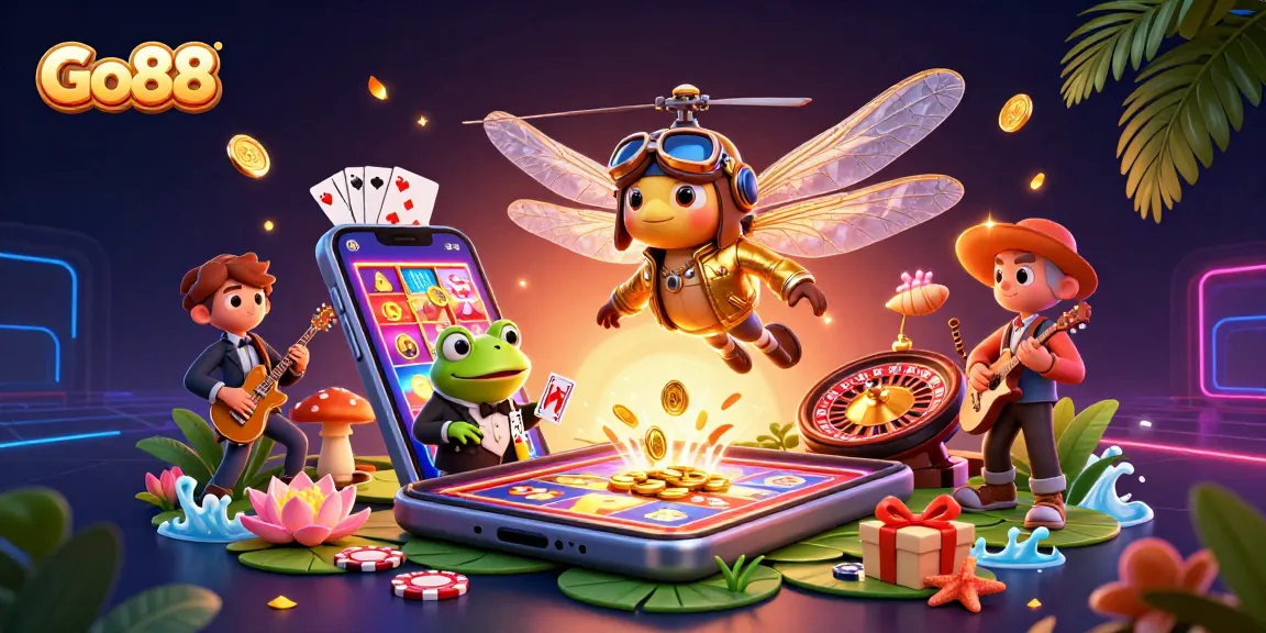 Engage with Go88's vibrant online gaming scene featuring a dragonfly pilot and frog croupier.
