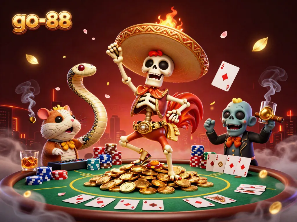 Spin to win with go-88, featuring a jubilant mariachi rooster on golden coins amidst poker action.