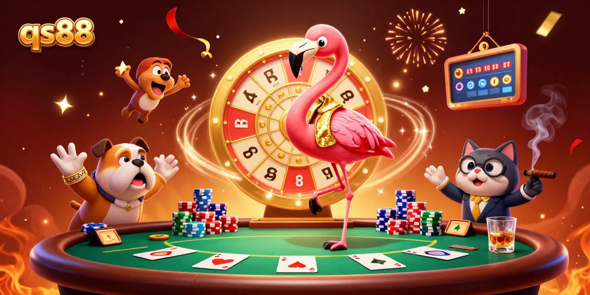 Experience excitement at qs88 with a vibrant casino scene featuring a flamingo show host and bulldog contestant.