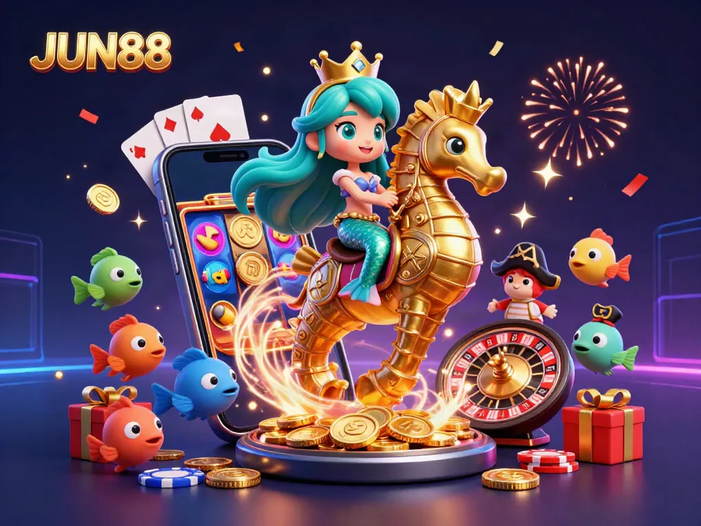 Experience JUN88's vibrant gaming with a whimsical mermaid, golden seahorse, and casino elements.