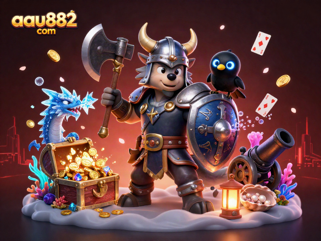Engage in thrilling gameplay at aau882 com with vivid visuals featuring a Viking wolf warrior and treasures.