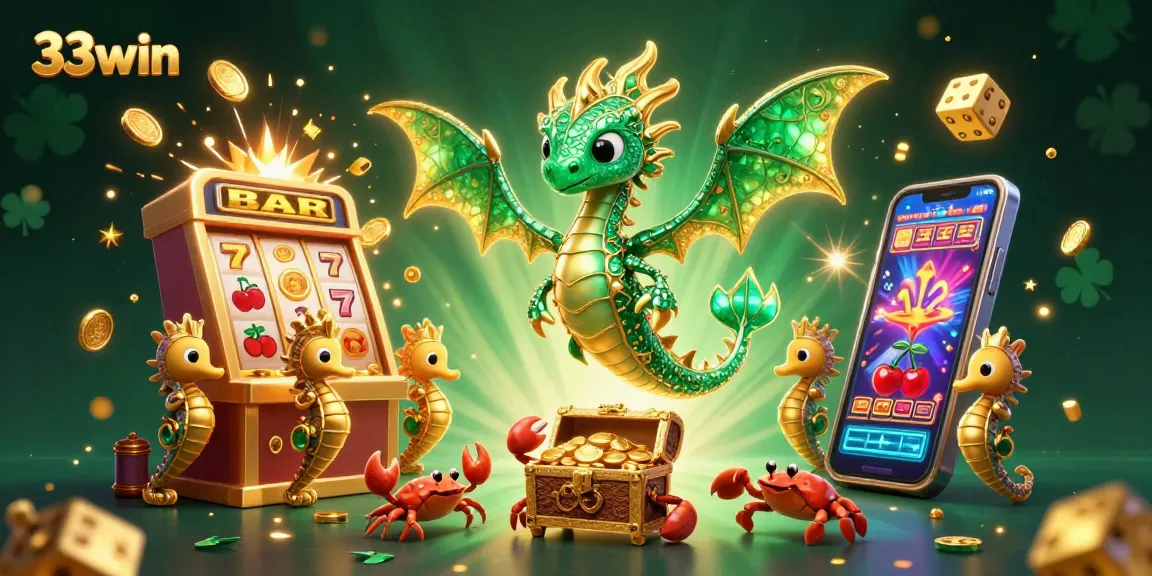Experience action at 33win with a vibrant scene featuring slot machines, treasure, and lucky symbols.
