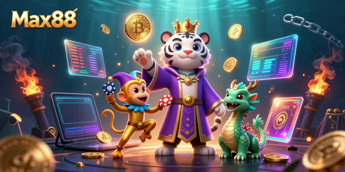 Experience thrilling games and promotions at Max88 with vibrant characters and rich casino elements.