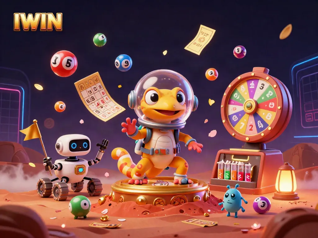IWIN brings excitement to players as a Martian gecko explores a vibrant casino with games and prizes.