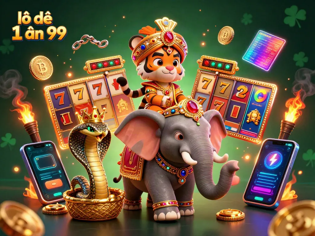 Engaging lô đề 1 ăn 99 scene with an elaborate cartoon Indian maharaja tiger, jewel-encrusted elements, and dynamic slot symbols.