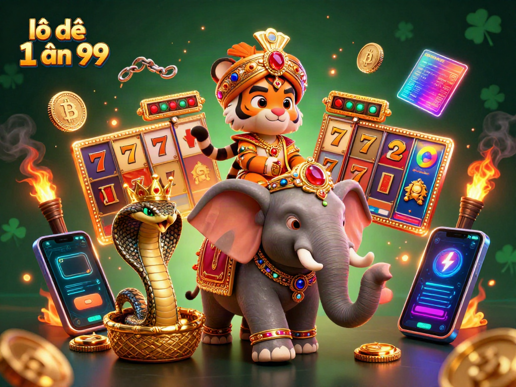 Engaging lô đề 1 ăn 99 scene with an elaborate cartoon Indian maharaja tiger, jewel-encrusted elements, and dynamic slot symbols.
