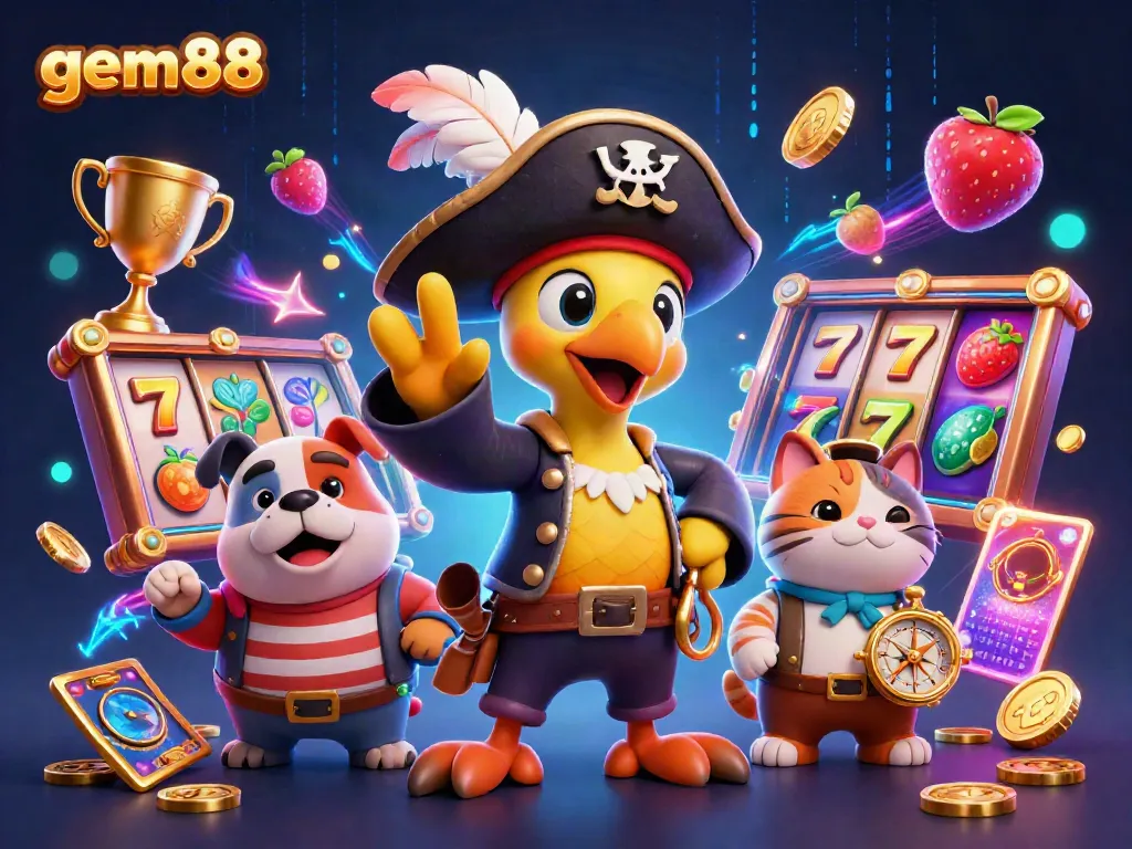 Experience gem88's thrilling atmosphere with cartoon pirate and dog characters at a vibrant casino