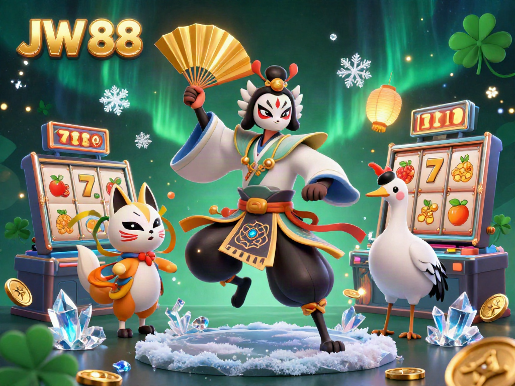 Engaging and dynamic scene featuring JW 88's vibrant slot game experience with kabuki characters and magical elements.