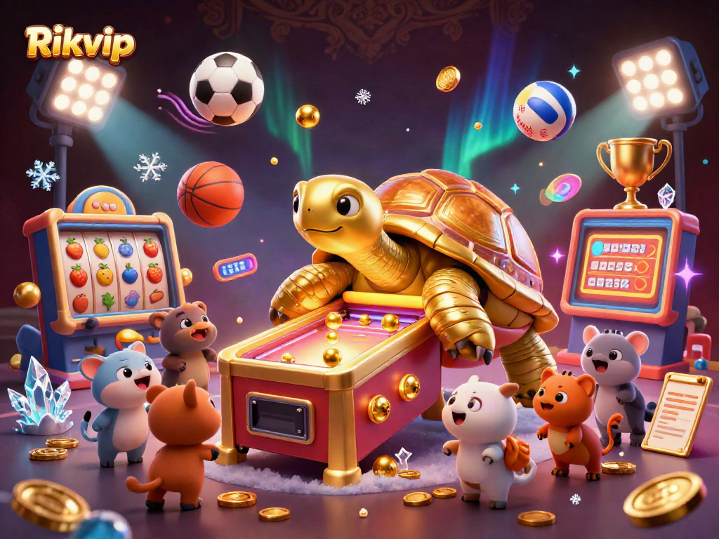 Experience exciting gameplay at Rikvip with a vibrant 3D scene of a golden tortoise pinball game surrounded by colorful gaming elements.