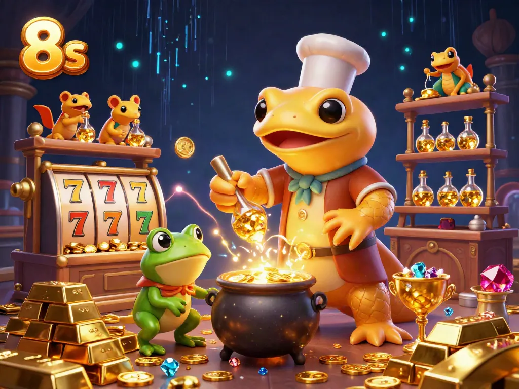 Engage in thrilling 8s gameplay as a golden salamander alchemist transforms metals into coins amidst enchanting casino elements.