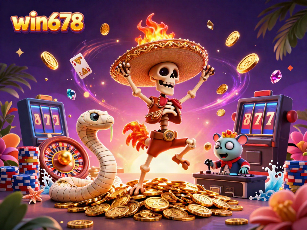 Experience the excitement of win678 with a colorful casino illustration featuring animated characters and vibrant gaming elements.