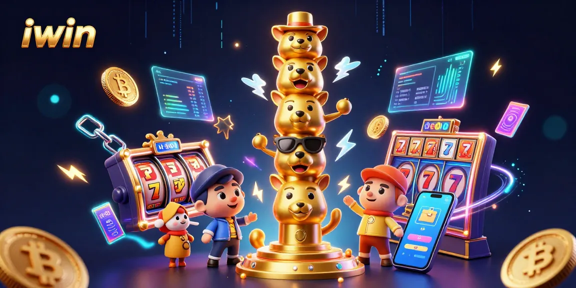 Experience excitement with iwin in this vibrant 3D casino-themed illustration featuring animated characters, crypto elements, and slots.