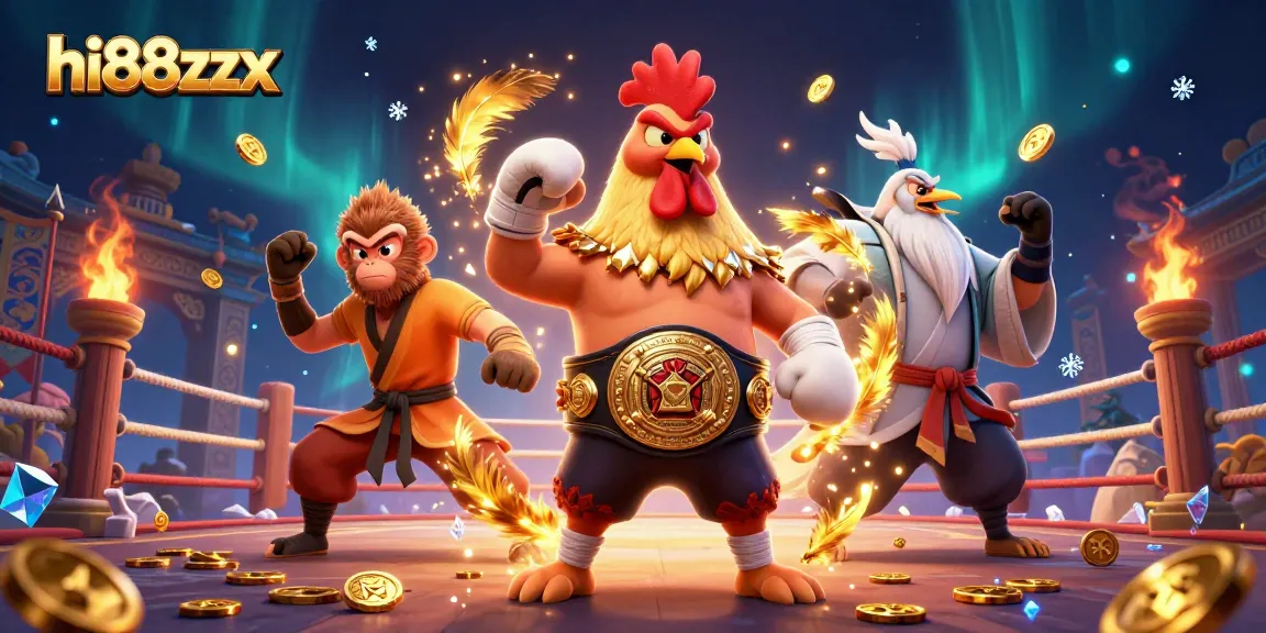 Experience the excitement of hi88zzx with a Muay Thai rooster, Shaolin monkey, and crane master in a vibrant casino scene.