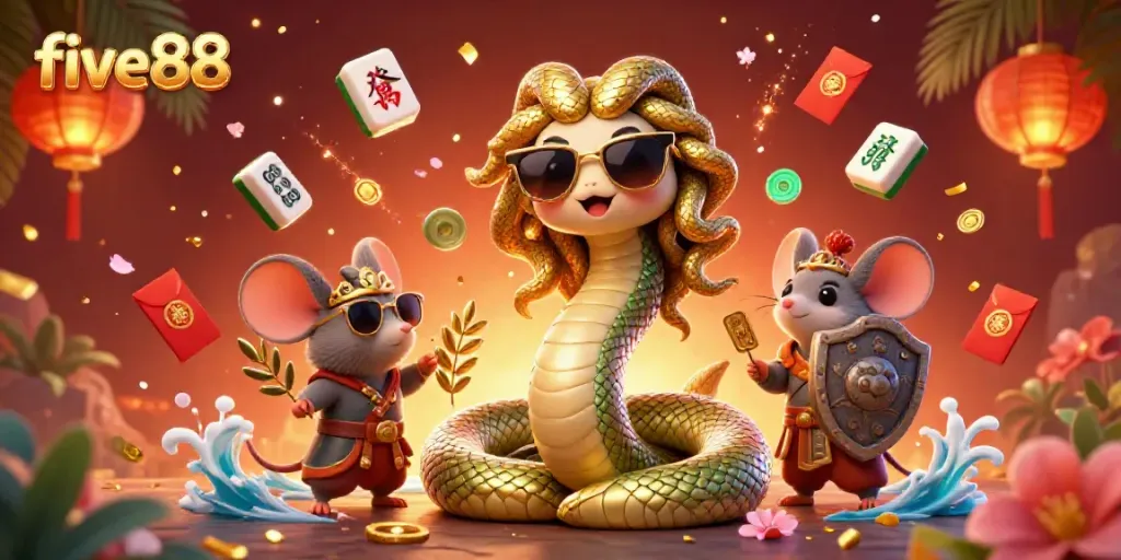 Experience the excitement of five88 with a vibrant casino-themed illustration featuring Medusa, a warrior mouse, and dynamic game elements.