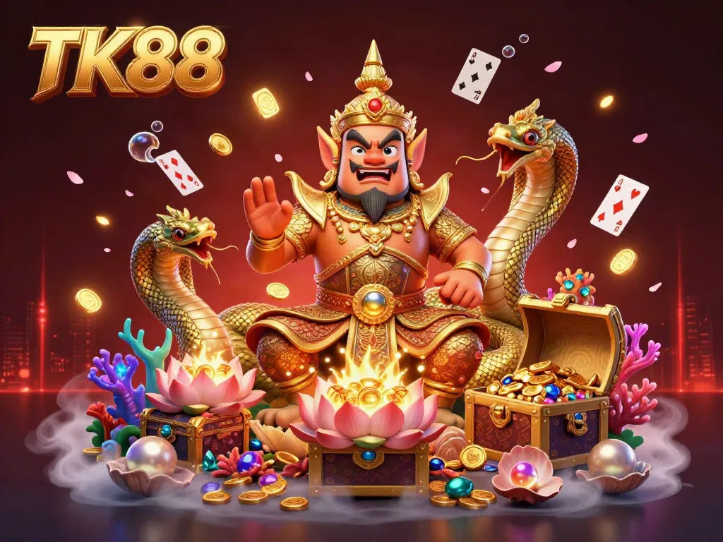 Experience the thrill of TK88 with a vibrant casino-themed adventure featuring animated guardians and treasures.