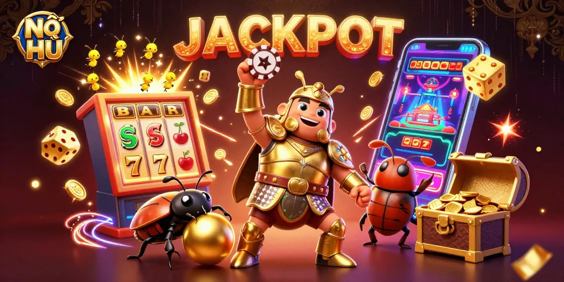 Nổ Hũ slots celebration featuring a hercules beetle in armor, prized gold, and a dynamic jackpot atmosphere