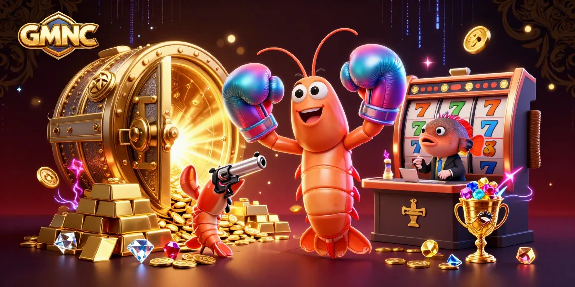 Engage with GMNC's vibrant casino scene showcasing a 3D mantis shrimp winning on slot reels.