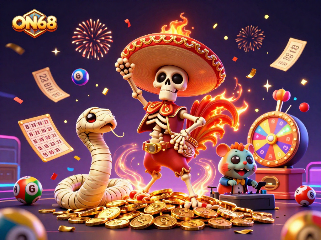 Experience ON68's thrilling lottery game scene with dynamic characters and festive elements.