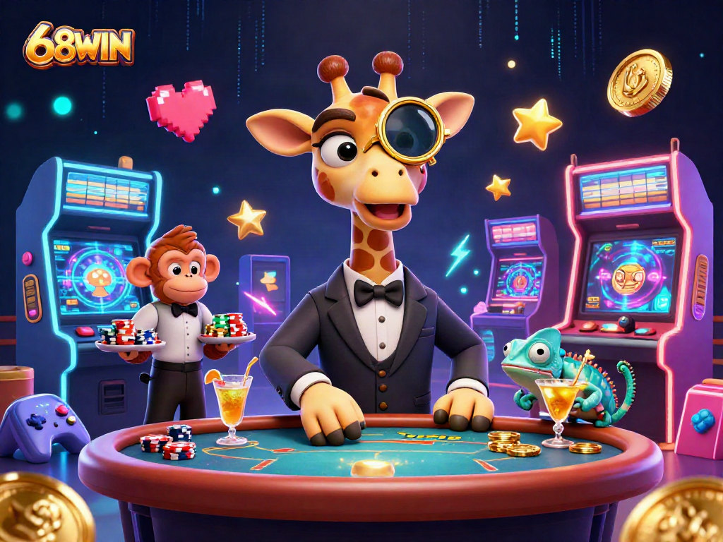 Join the excitement at 68WIN, where the high-roller giraffe and friends create an electrifying casino atmosphere!
