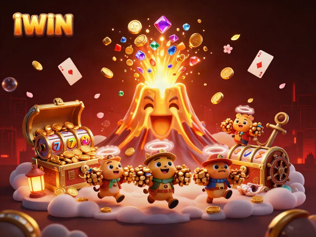 Experience the thrill of IWIN with a vibrant 3D illustration of a golden volcano and treasure, symbolizing casino adventure.