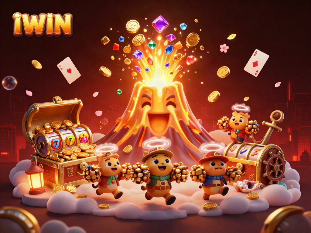 Experience the thrill of IWIN with a vibrant 3D illustration of a golden volcano and treasure, symbolizing casino adventure.