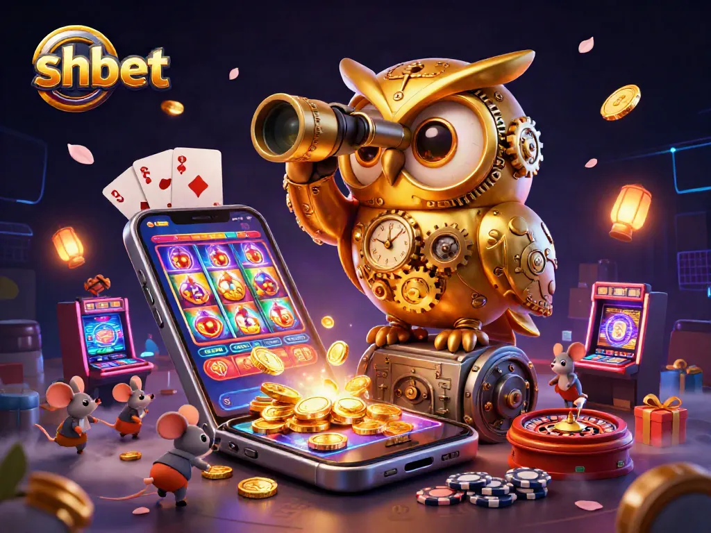 Experience shbet with golden coins and vibrant slots in a lively animated casino scene.
