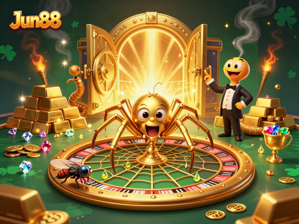 Engage with Jun88 as a golden spider and croupier showcase thrilling betting action.
