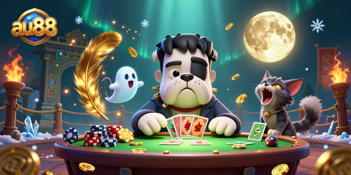 Experience thrilling gaming with au88 as the Frankenstein bulldog deals cards at a spooky casino.