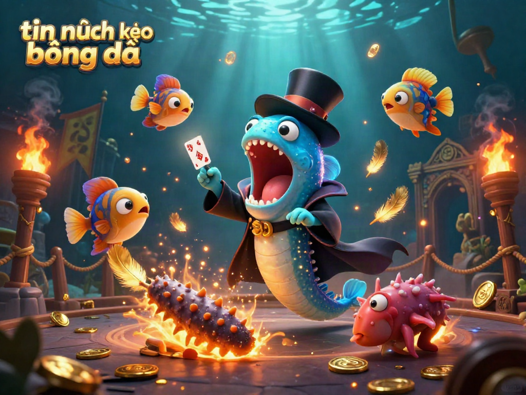 Engaging scene featuring a bionic gulper eel performing card tricks to promote tin tức kèo bóng đá in a captivating underwater world.