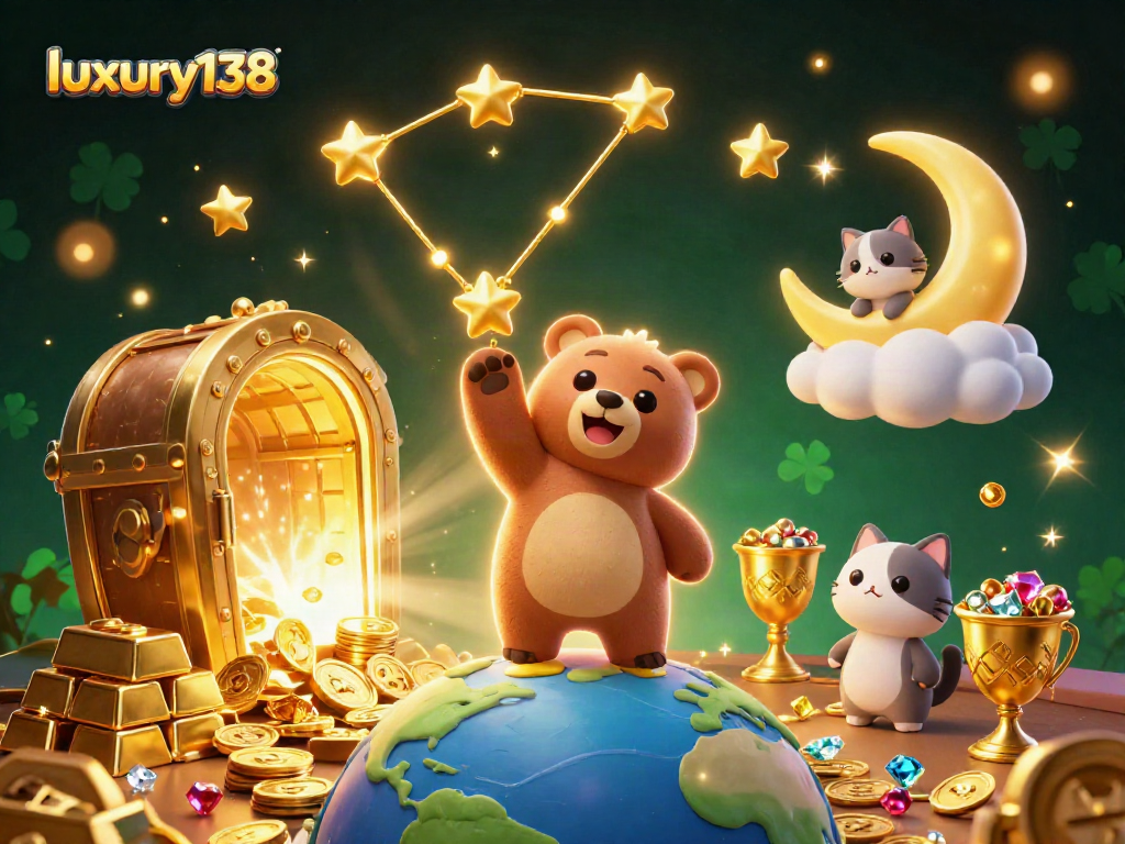 Experience unmatched excitement at luxury138 with a constellation bear and treasure in a vibrant casino scene.