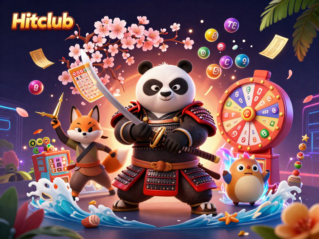 Hitclub lottery scene with a samurai panda, ninja fox, and magical tanuki amidst dynamic game elements.