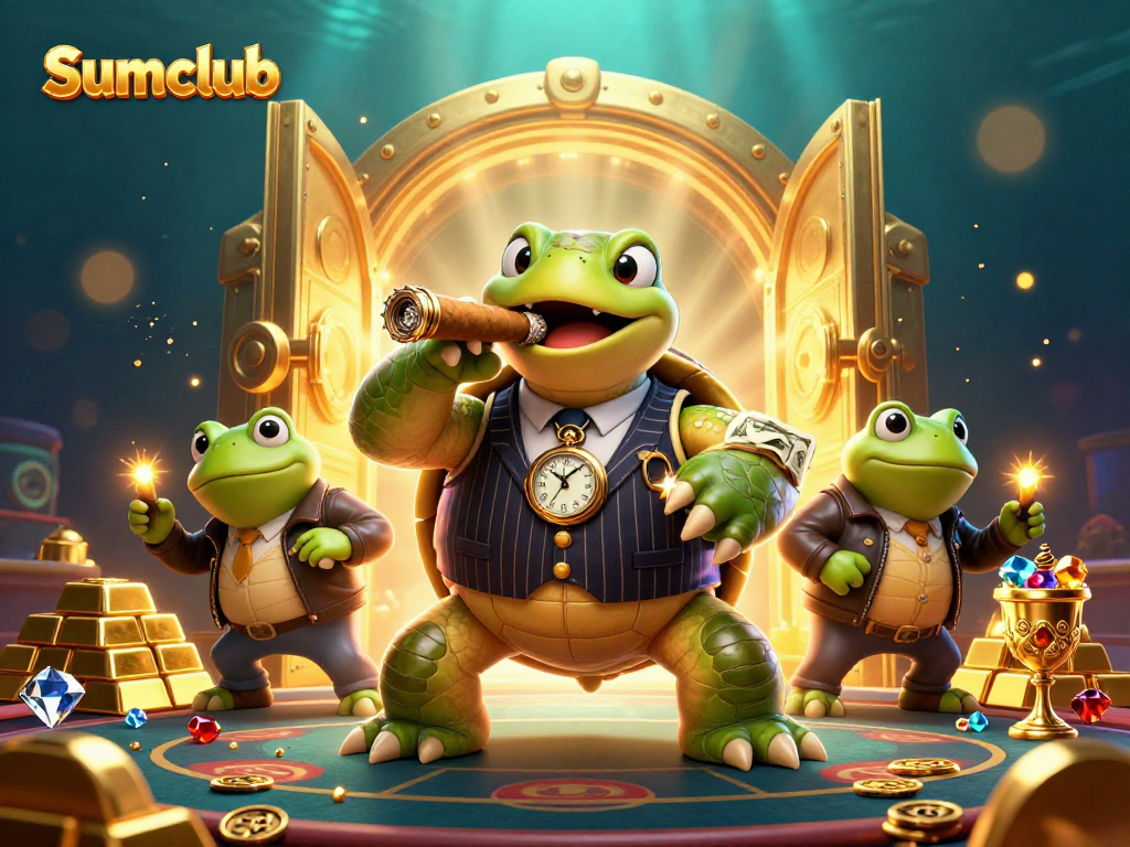 Sumclub showcases vibrant gambling action with a bold snapping turtle in a mobster suit, showcasing luxury and excitement.