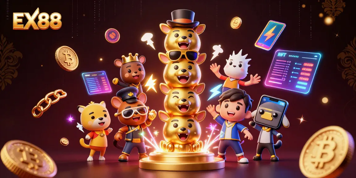 Experience thrilling gameplay at EX88 with a vibrant casino scene featuring a golden totem pole and glowing crypto coins.