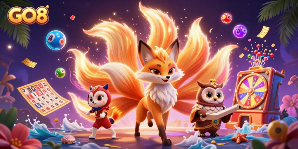 Engage in the vibrant world of GO8 as colorful lottery elements and magical characters come alive in this casino scene.